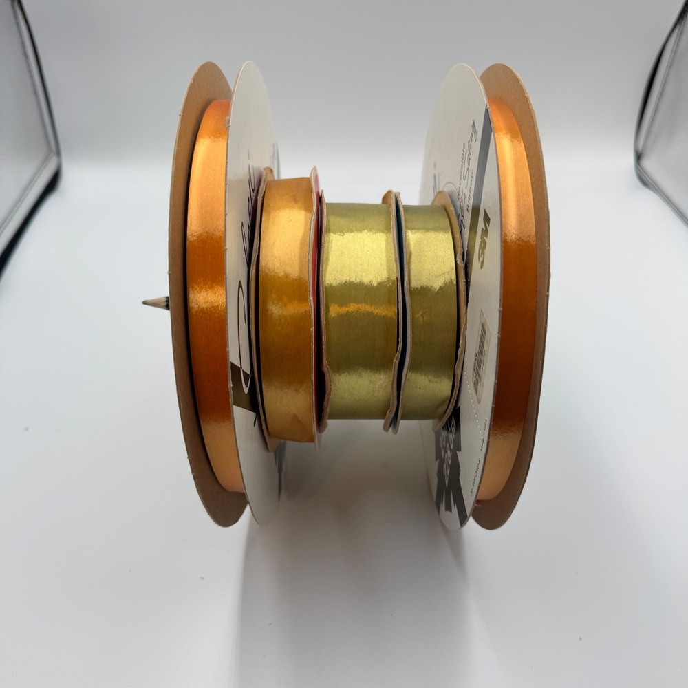 Vintage 3M Sasheen Ribbon Lot Gold Metallic Satin 5 Spools Gift Wrap Craft